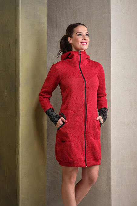 Kabát svetrový jasně červený a proužky