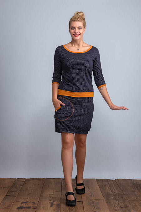 Dress Carrie Dark Blue Pidi Dots and Mustard