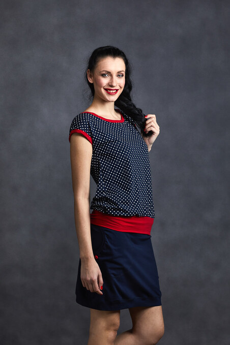 Tucked Blue/White Dots and Red