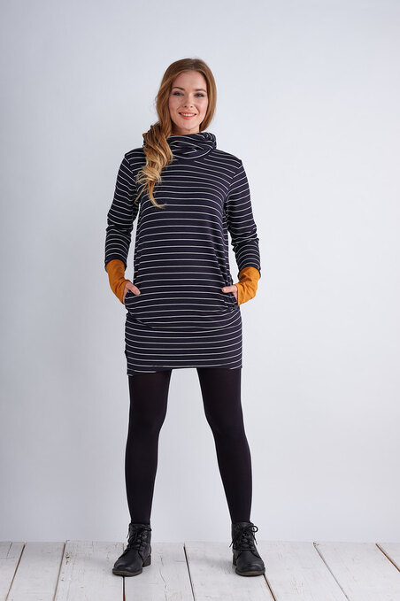 Hoodie Long Dark Blue/White Stripes and Saffron Yellow