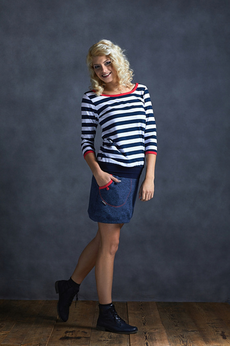 Tucked 3/4 Sleeve Blue/White Stripes and Salmon